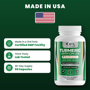 OPA Nutrition Turmeric with Ginger quality standards: made in a GMP facility, third-party lab tested, 30-day supply