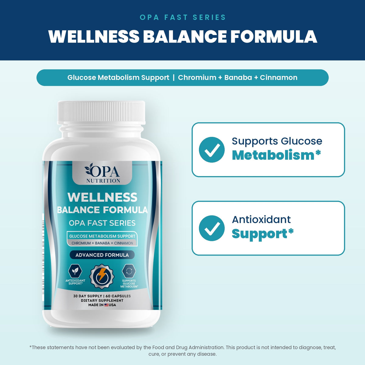 OPA Nutrition Wellness Balance Formula benefits graphic: supports glucose metabolism and antioxidant support