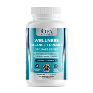 OPA Nutrition Wellness Balance Formula veggie capsules bottle, front label with chromium, banaba leaf and cinnamon