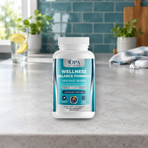 OPA Nutrition Wellness Balance Formula veggie capsules bottle in a daily routine setting