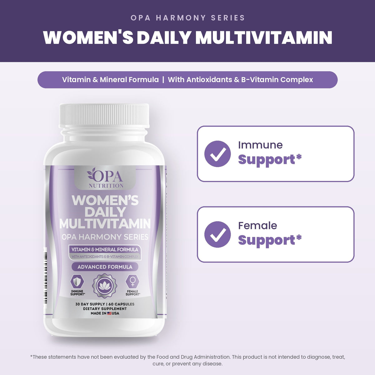 OPA Nutrition Women's Daily Multivitamin benefits graphic: immune support and female support