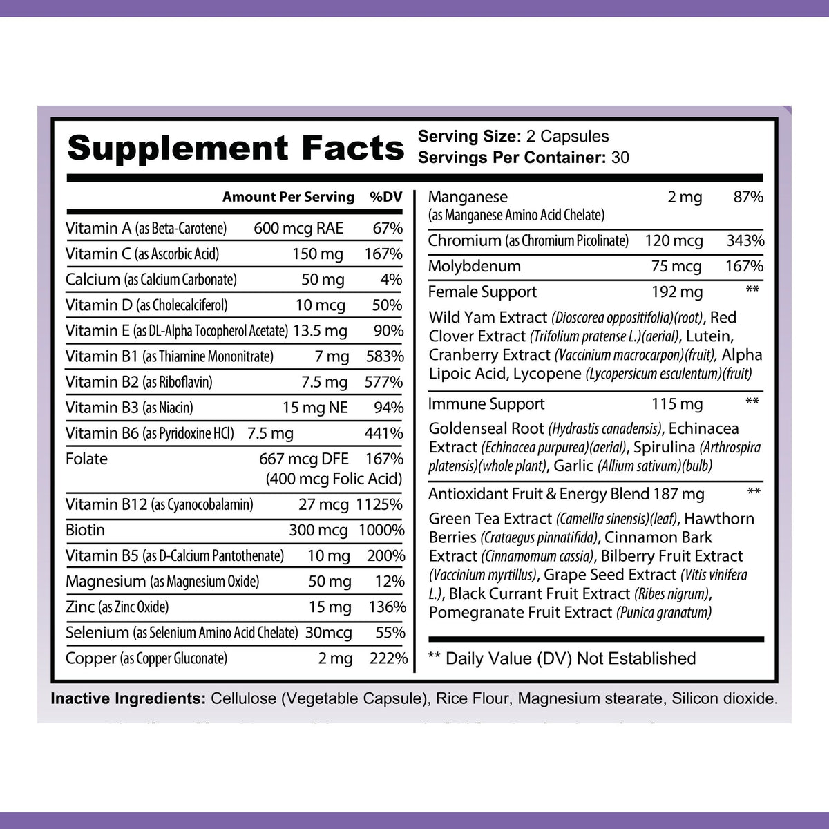 OPA Nutrition Women's Daily Multivitamin Supplement Facts panel showing serving size and amounts per serving