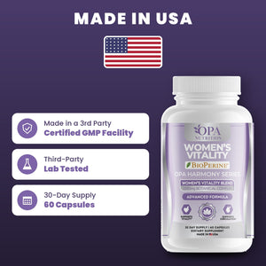 OPA Nutrition Women's Vitality quality standards: made in a GMP facility, third-party lab tested, 30-day supply