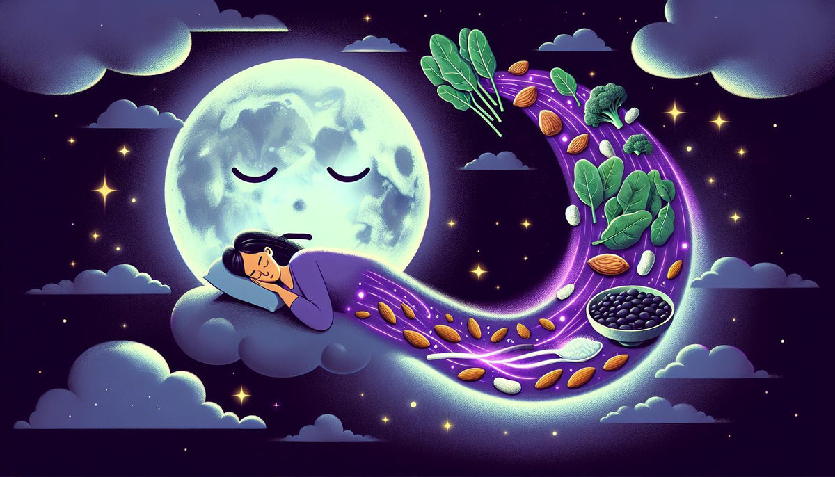 Illustration of a woman sleeping beside the moon with magnesium-rich foods, for a guide comparing magnesium L-threonate and glycinate