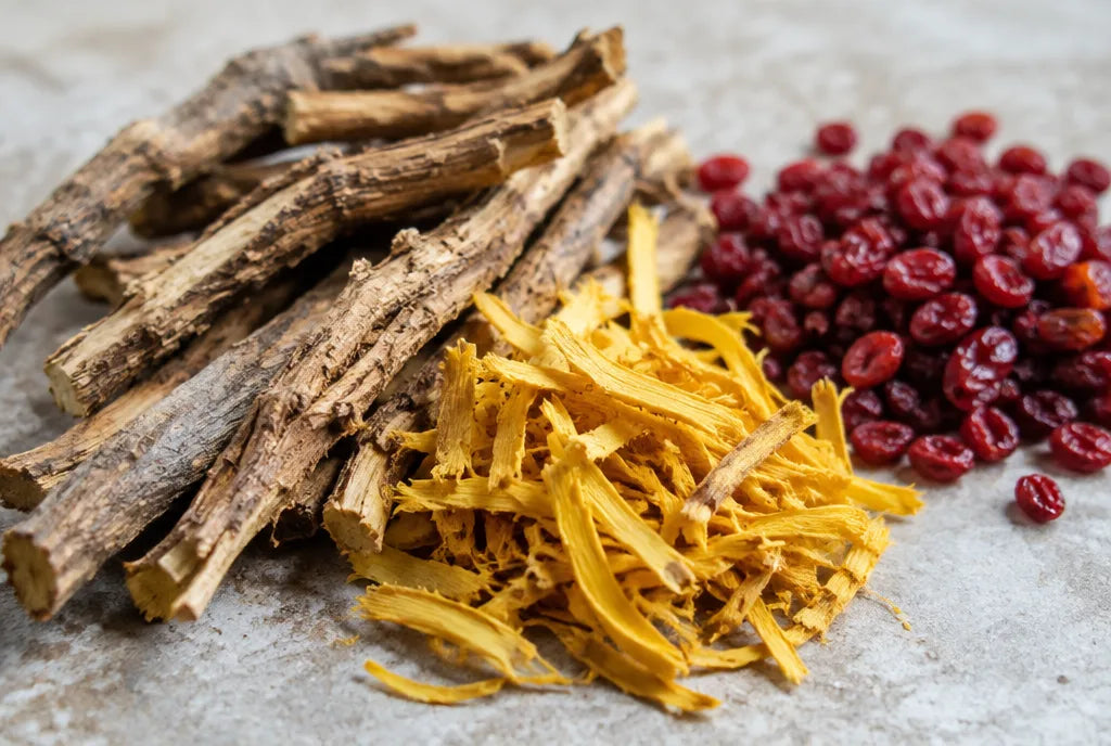 Dried barberry root, yellow berberine-rich root shavings and red barberries