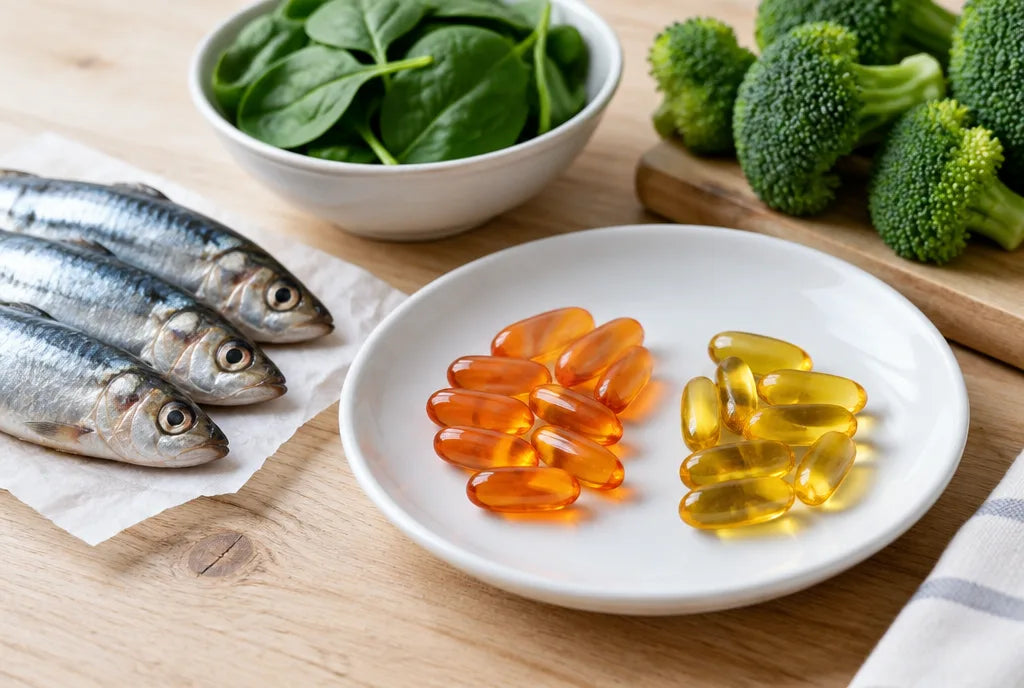 Ubiquinone and ubiquinol softgels beside sardines, spinach and broccoli, food sources of CoQ10