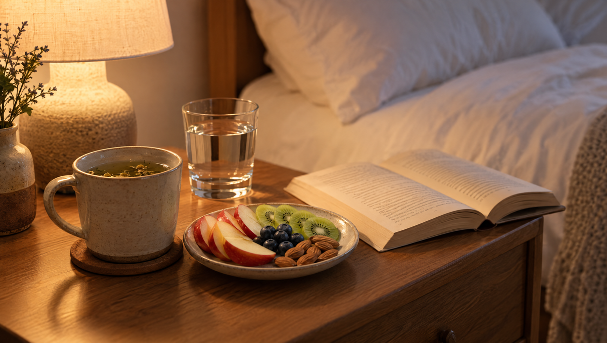 Evening wind-down: herbal tea, fruit and almonds, water and a book on a bedside table
