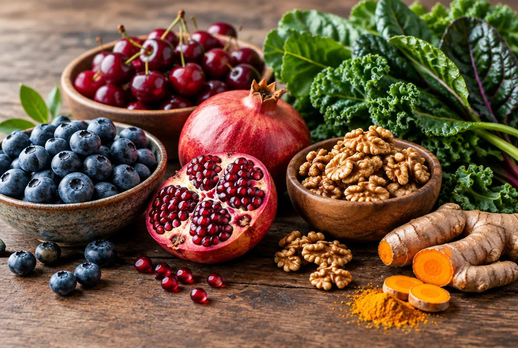 Antioxidant-rich foods: blueberries, cherries, pomegranate, walnuts and greens