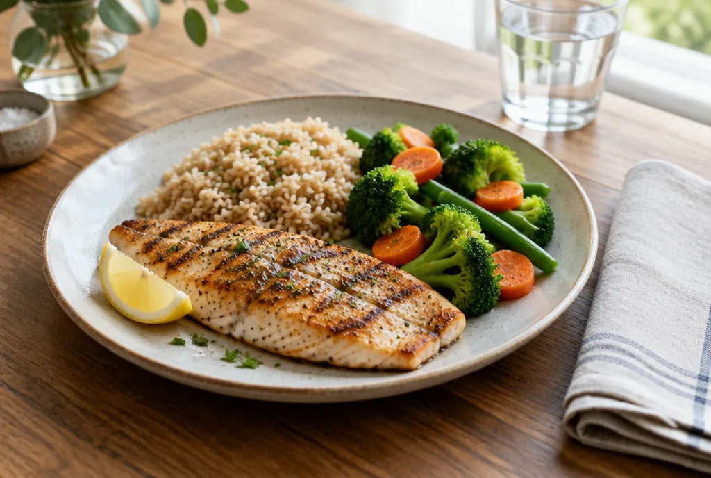 Balanced meal of grilled fish, brown rice and steamed vegetables