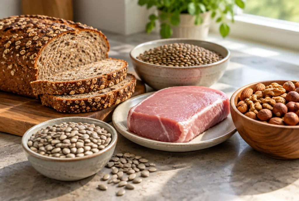 B-vitamin foods including whole-grain bread, lentils, nuts and seeds on a kitchen counter