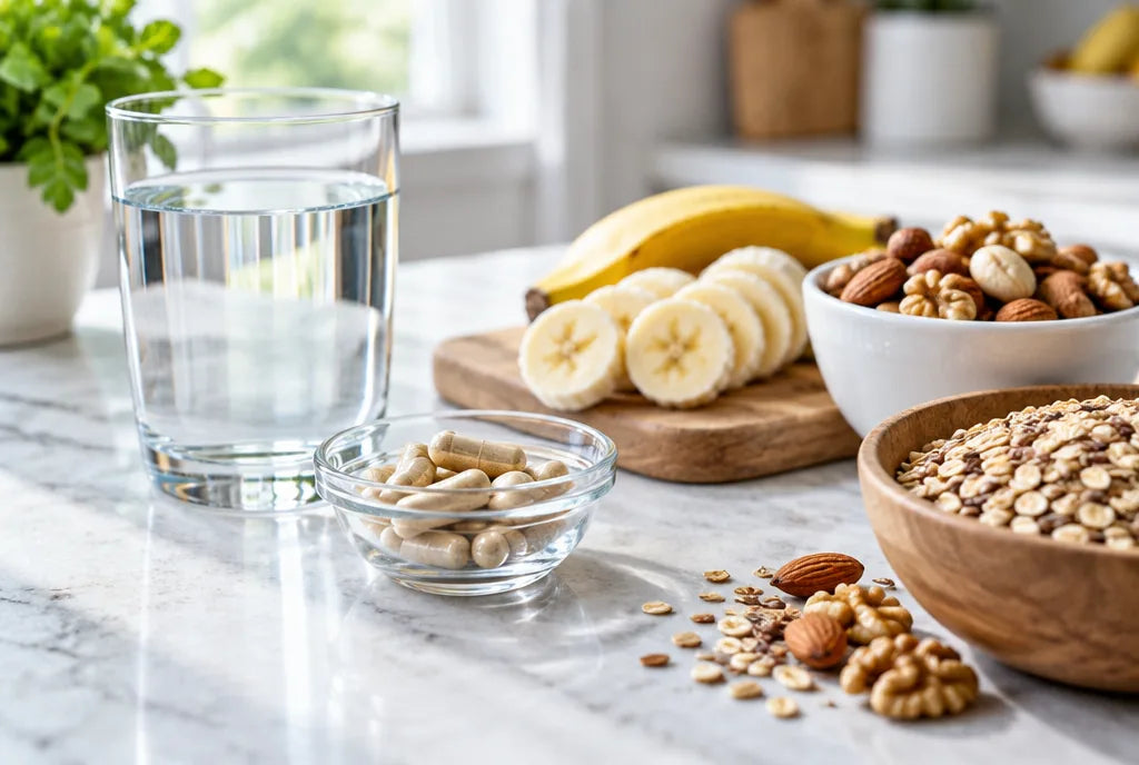 Capsules in a small dish with a glass of water, banana, nuts and whole grains