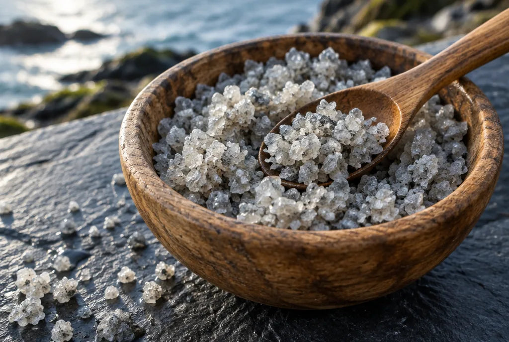 Natural grey Celtic sea salt in a wooden bowl with a wooden spoon