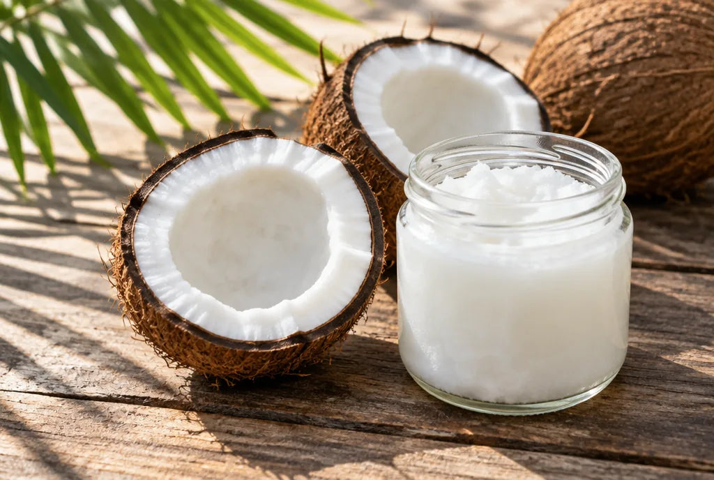 Halved coconuts and a jar of coconut oil on a wooden table