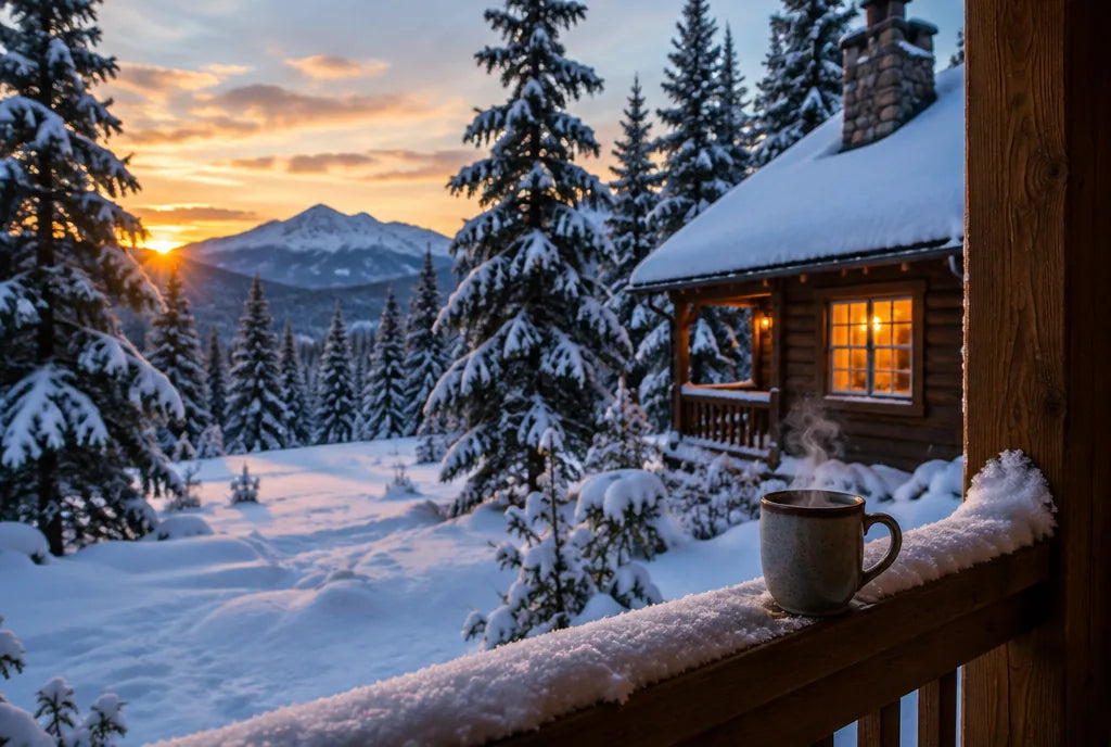 Snow-covered pine forest and a warm cabin window at dusk