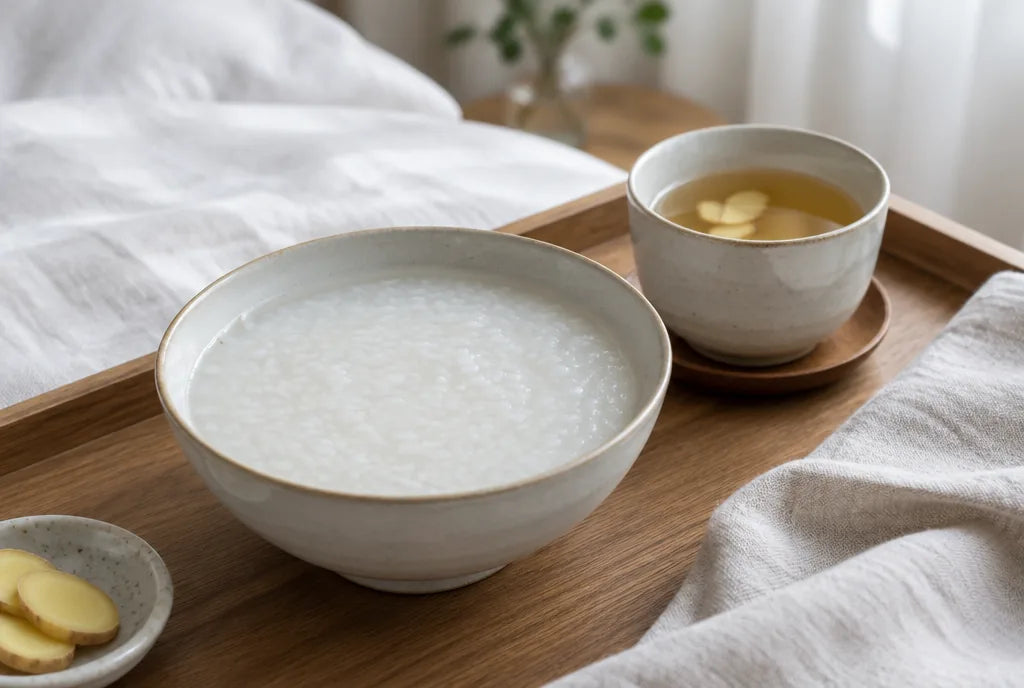 Bowl of plain congee and ginger tea on a bedside tray