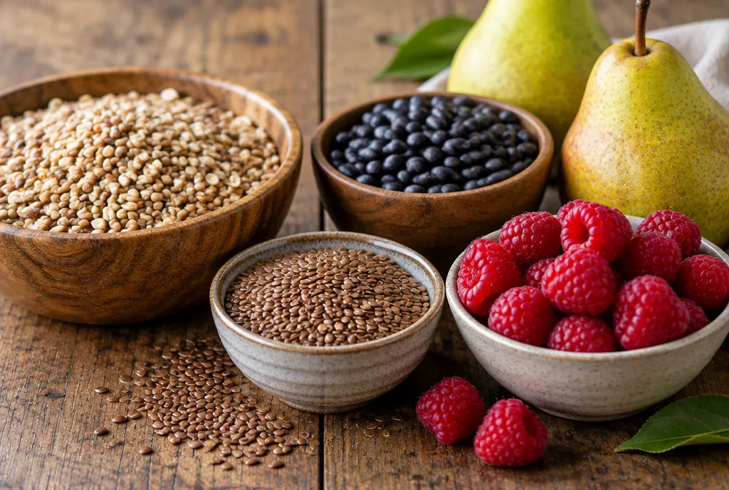 High-fiber foods: whole grains, flaxseed, black beans, raspberries and pears