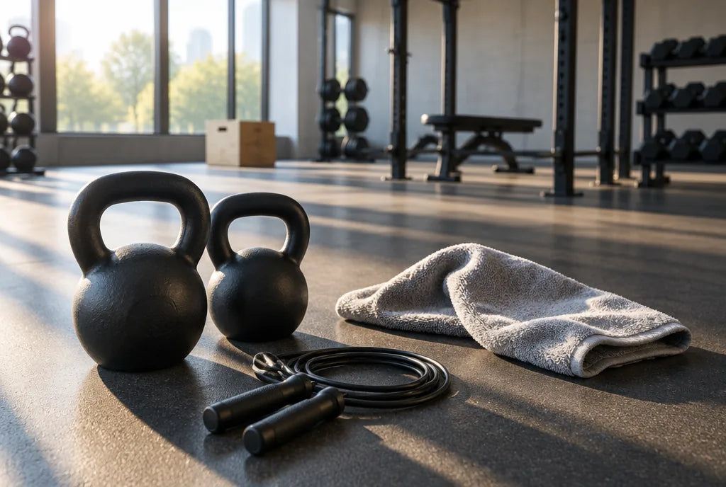Kettlebells, jump rope and towel in an empty gym