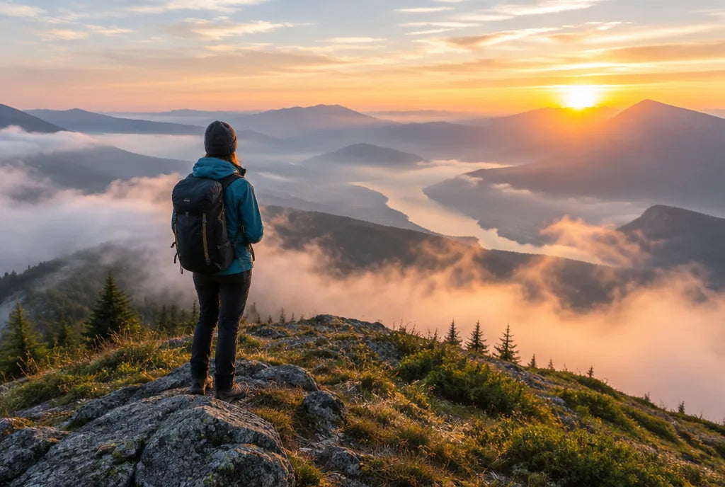 Hiker on a misty mountain ridge at sunrise