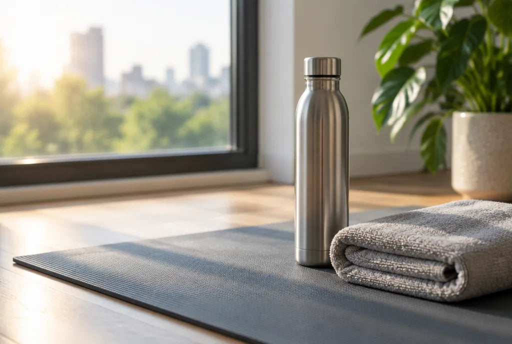 Water bottle and towel on a yoga mat by a window