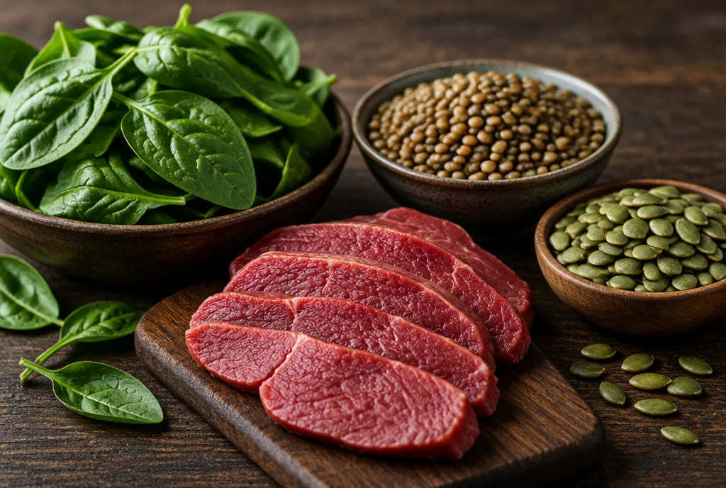 Iron-rich foods: spinach, lean beef, lentils and pumpkin seeds