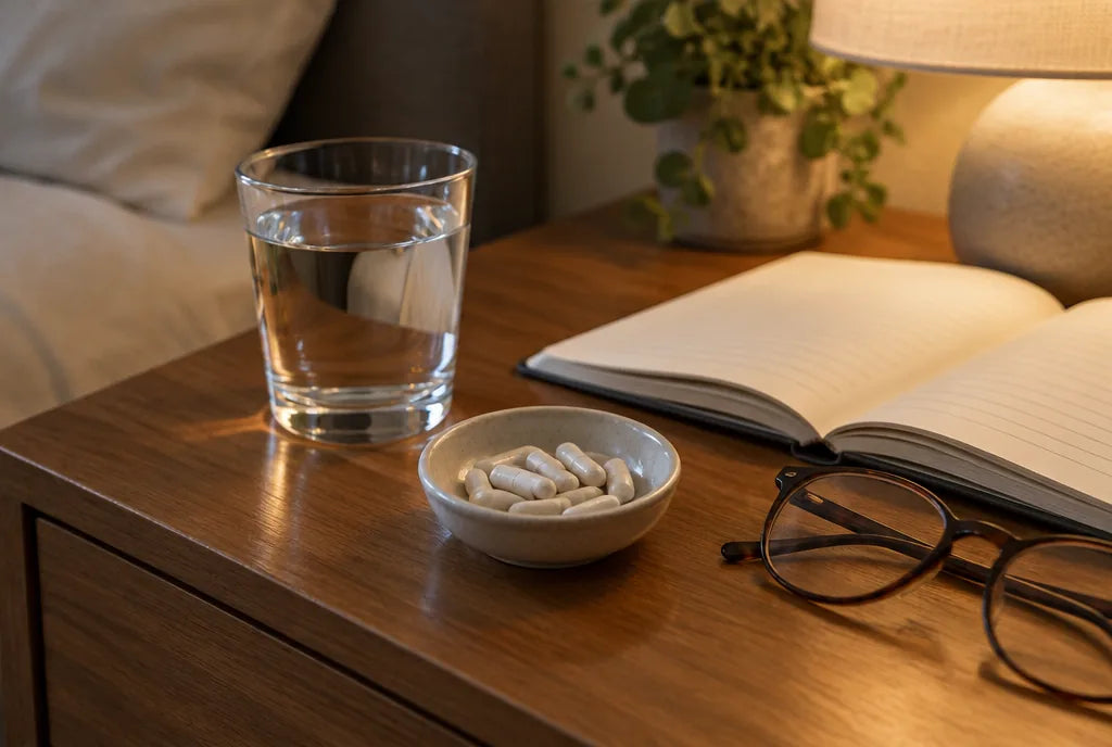 Glass of water and a small dish of capsules on a bedside table beside a notebook