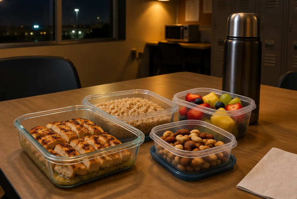 Packed meal with chicken, rice, nuts and fruit on a night-time break table