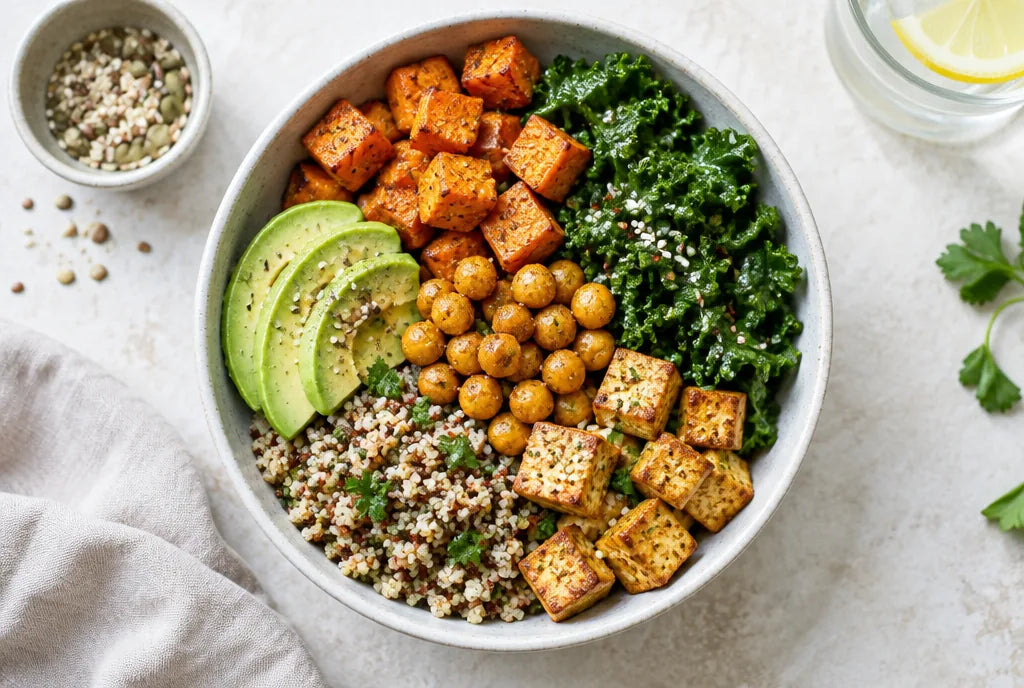 Plant-based bowl with quinoa, chickpeas, kale, avocado and tofu