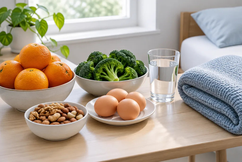 Recovery-friendly foods: oranges, broccoli, eggs, nuts and water on a table