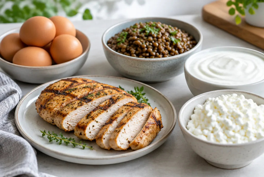 Protein-rich foods: eggs, chicken, lentils, yogurt and cottage cheese