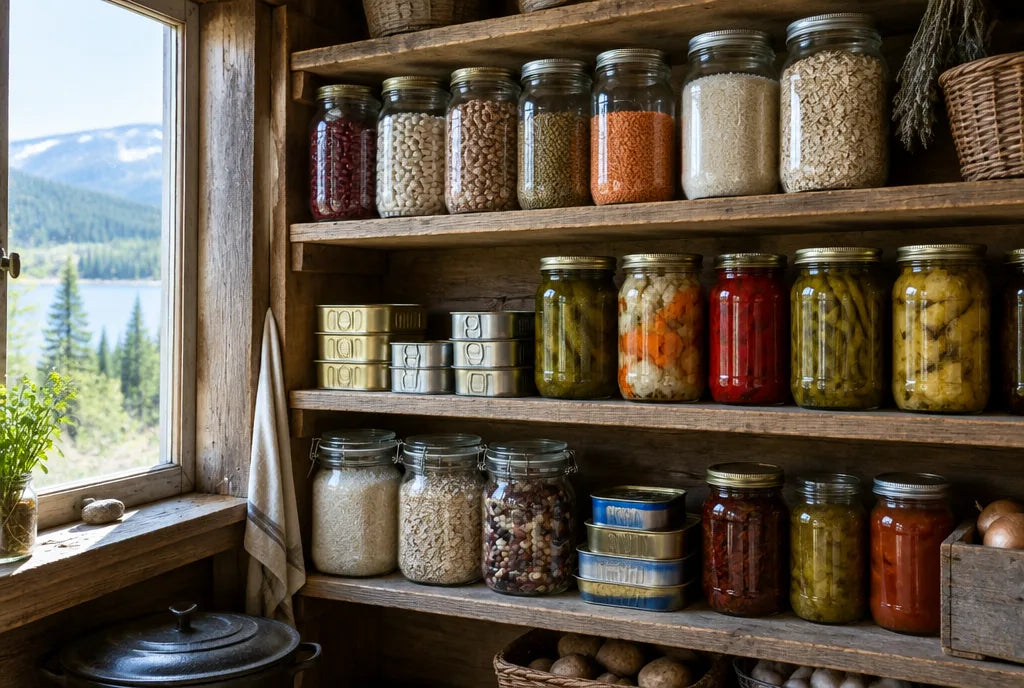 Pantry shelves with jars of dried beans, rice, oats and preserved foods