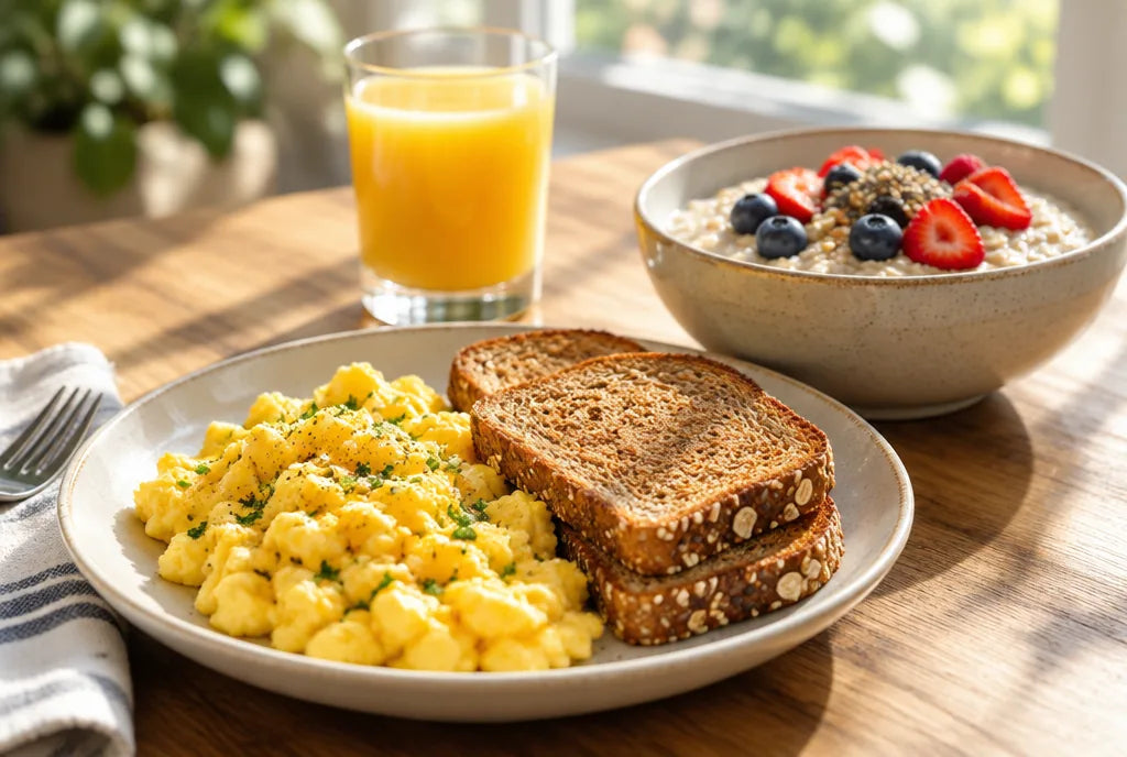 Breakfast table with eggs, toast, oatmeal with berries and orange juice