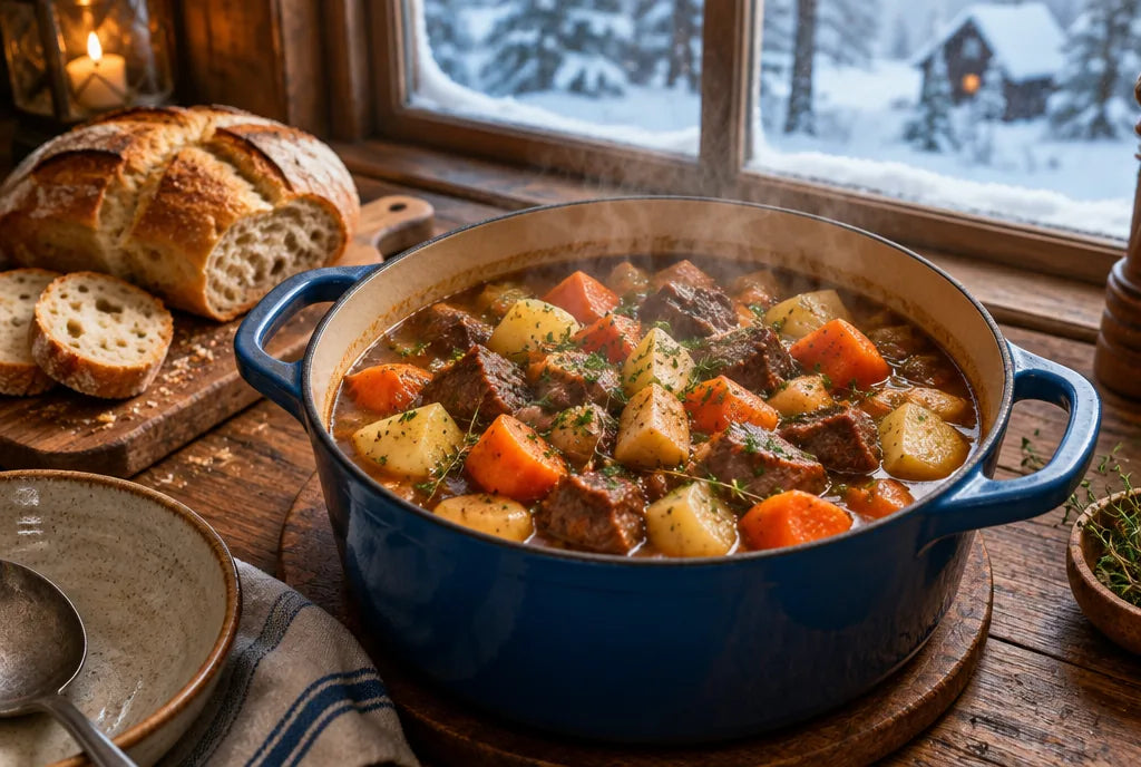 Hearty winter stew with root vegetables and crusty bread