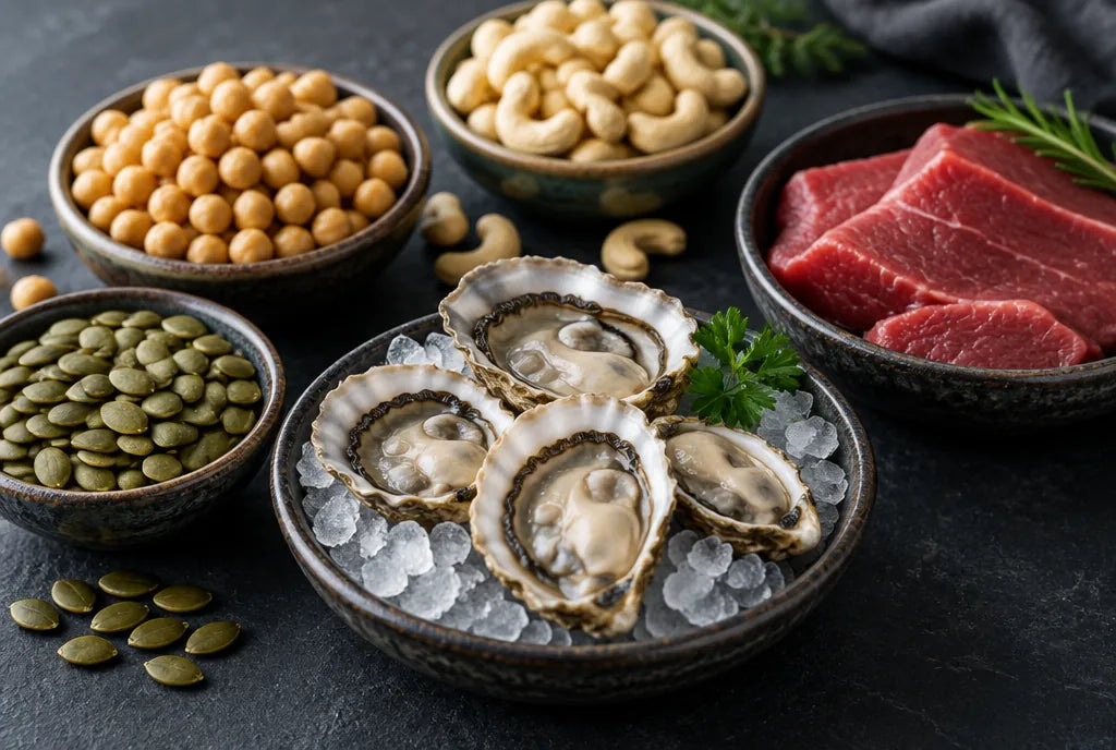 Zinc-rich foods: pumpkin seeds, chickpeas, cashews, oysters and beef