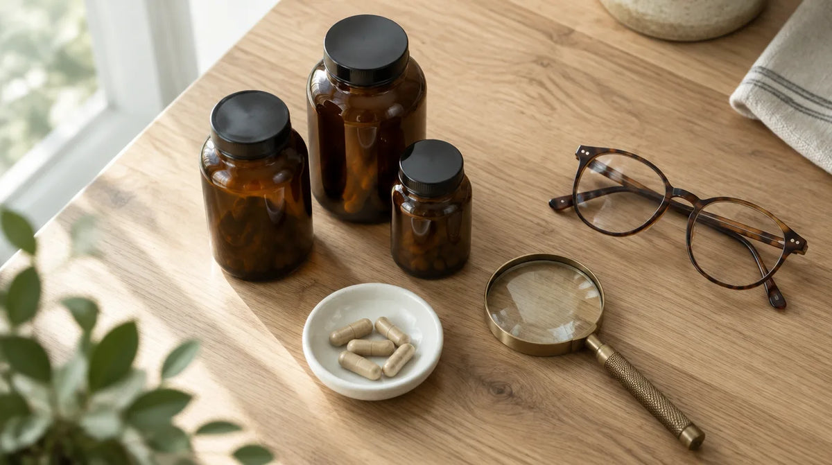 Three plain amber supplement bottles, a small dish of veggie capsules, a brass magnifying glass and reading glasses on a sunlit oak table