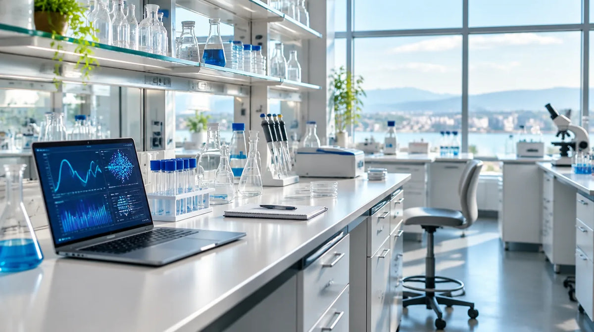 Bright modern research laboratory with long benches, glassware and a laptop showing abstract data