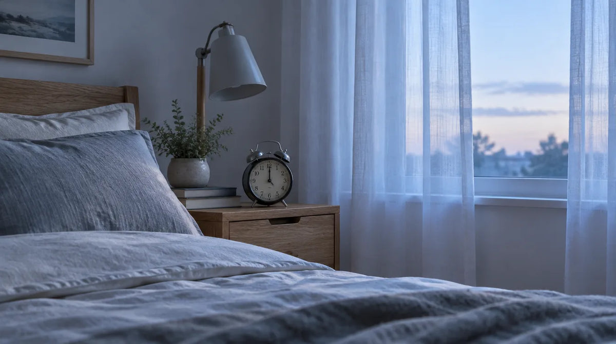 Neatly made bed in a quiet bedroom at dawn with an analog alarm clock on the nightstand and pale blue light through sheer curtains