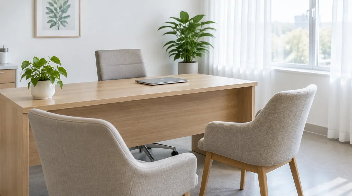 Bright, empty consultation room with a wooden desk, a closed laptop, two chairs and green plants by a sunny window