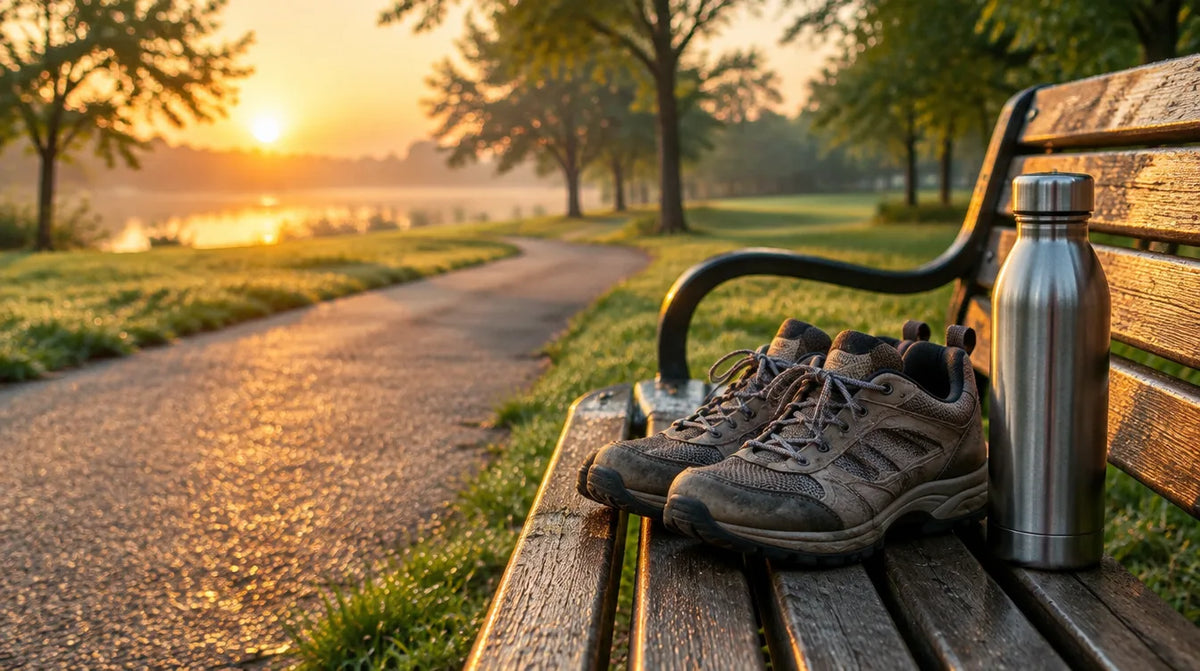 Walking shoes and a steel water bottle on a wooden park bench beside a path at sunrise