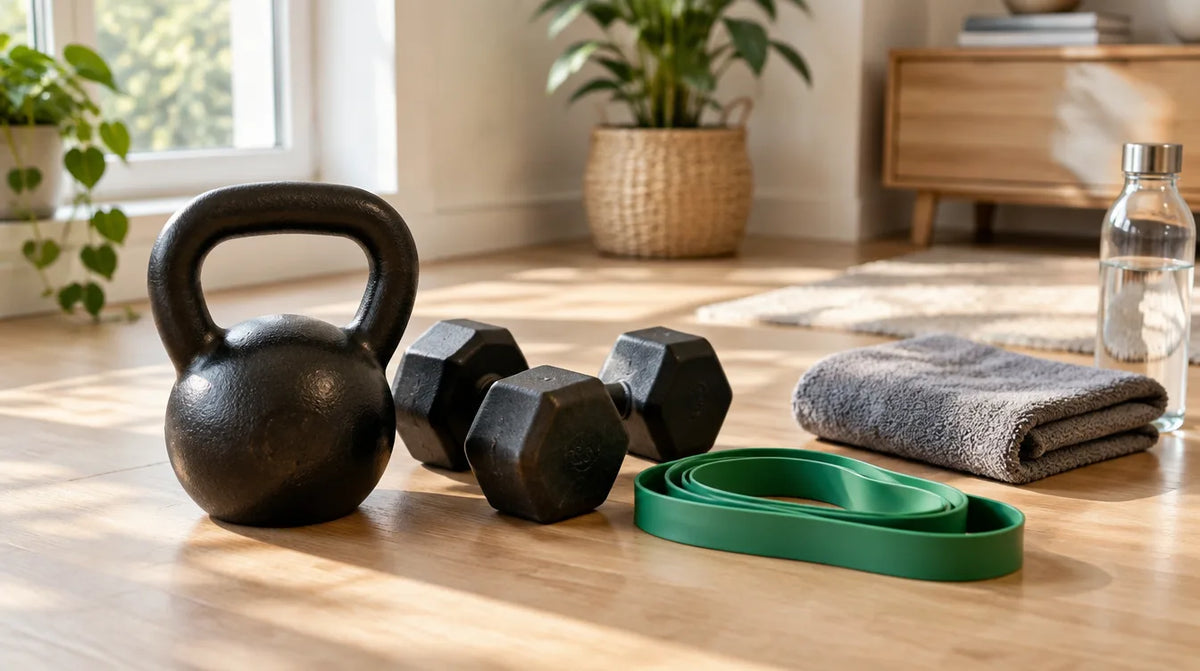 Black kettlebell, hex dumbbells and a green resistance band on a sunlit oak floor beside a folded towel and a glass water bottle