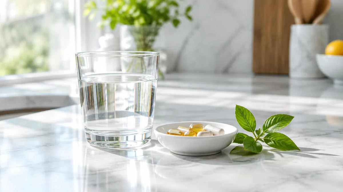 Glass of water and a small dish of capsules on a bright kitchen counter in the morning