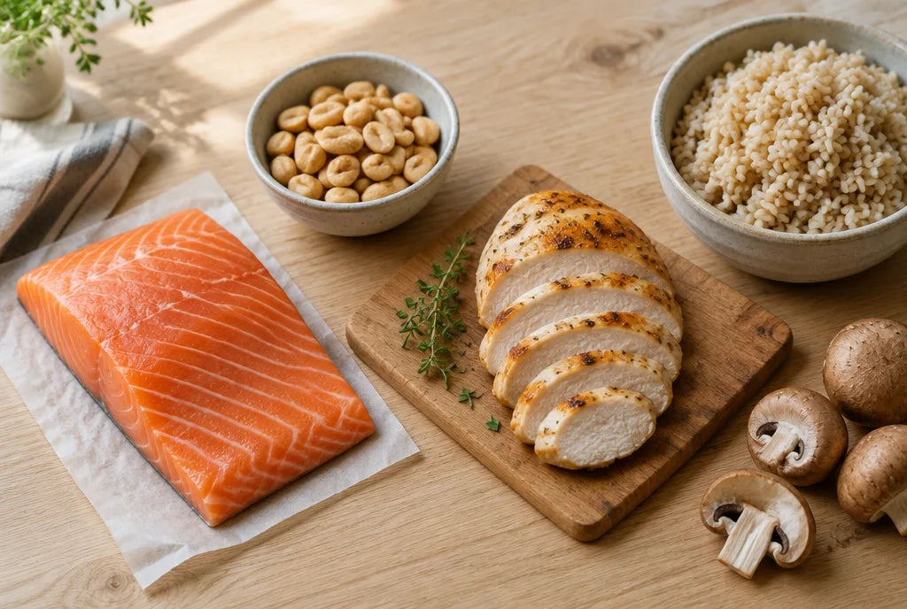 Raw salmon fillet, sliced chicken breast, peanuts, brown rice and mushrooms on a light oak kitchen table