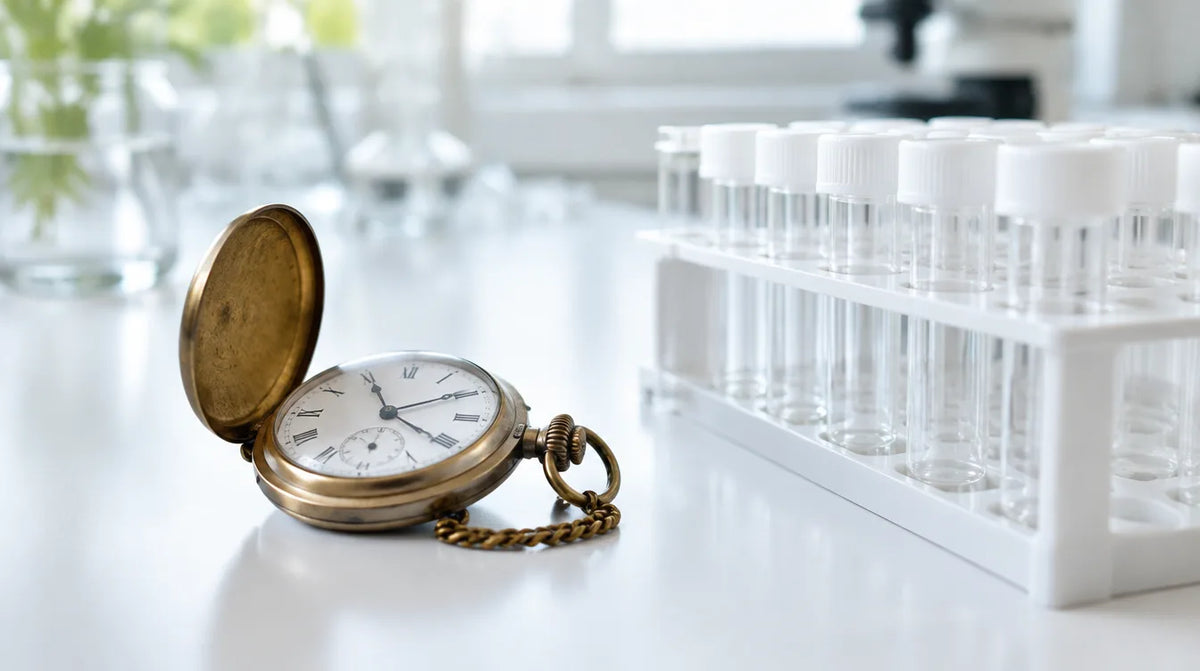 Open antique brass pocket watch beside a rack of empty clear sample tubes on a bright white laboratory bench