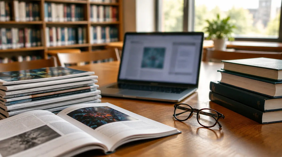 Library table with stacks of scientific journals, reading glasses and a laptop