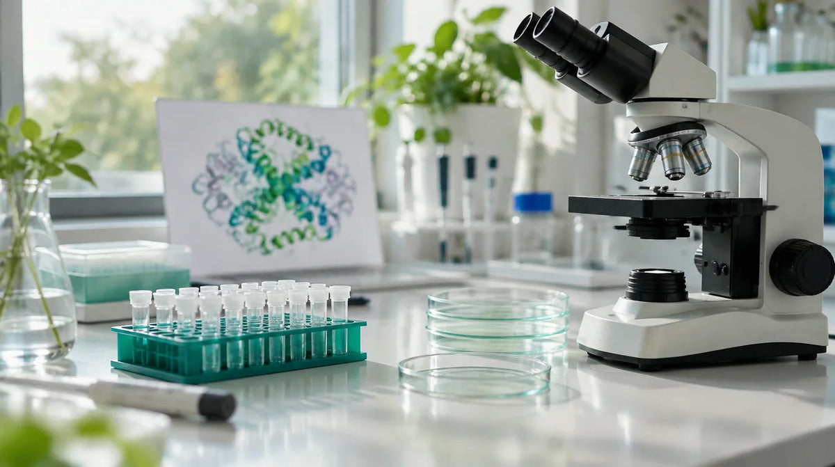 Bright molecular biology lab bench with a microscope, a rack of sample tubes, glass petri dishes and a protein structure diagram in the background
