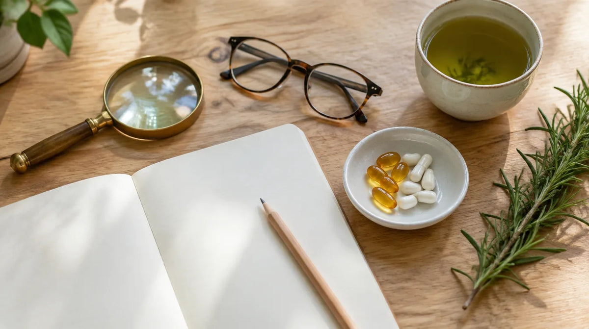 Magnifying glass, reading glasses, an open notebook and a small dish of capsules and softgels on a sunlit wooden table
