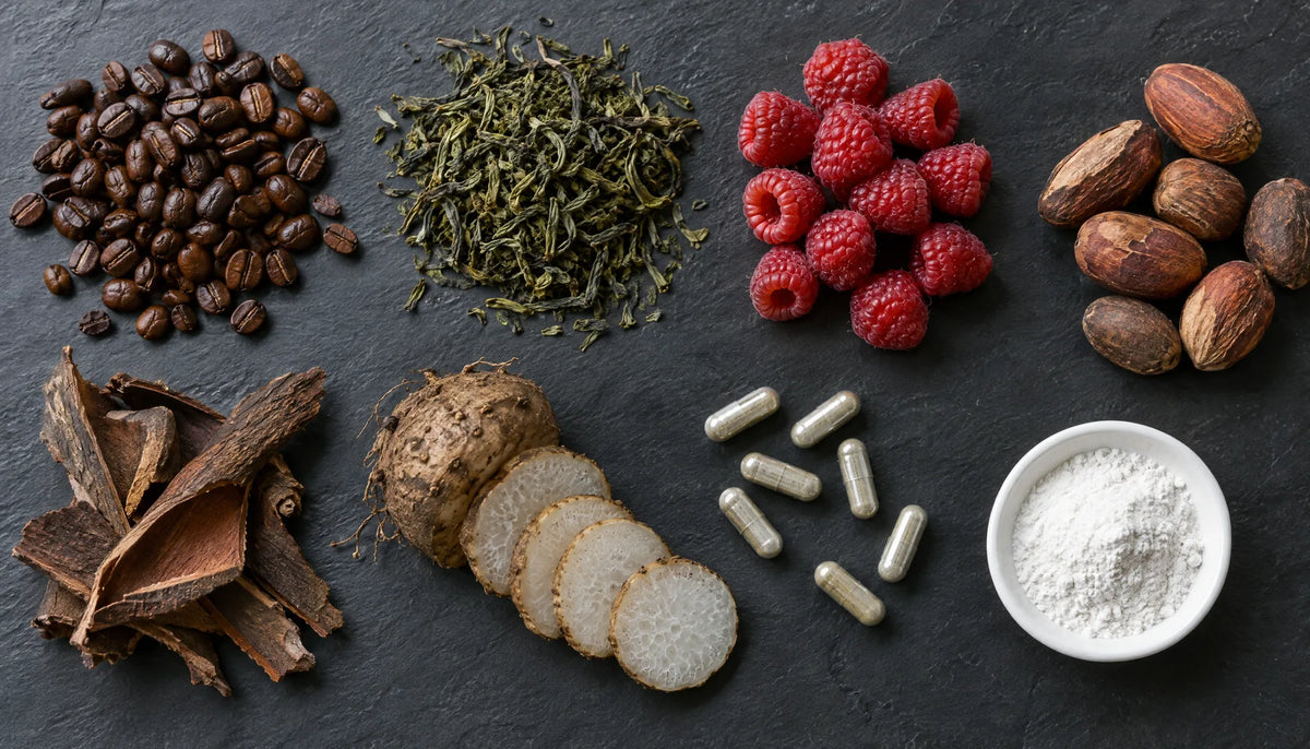 Oxy-Charge ingredients: coffee beans, green tea leaves, raspberries, kola nuts, yohimbe bark, konjac root and white L-carnitine powder