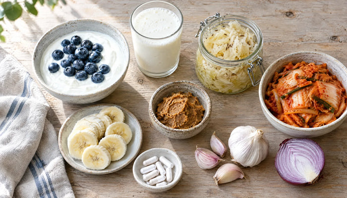 Probiotic and prebiotic foods: yogurt with blueberries, kefir, sauerkraut, kimchi, miso, bananas, garlic and red onion