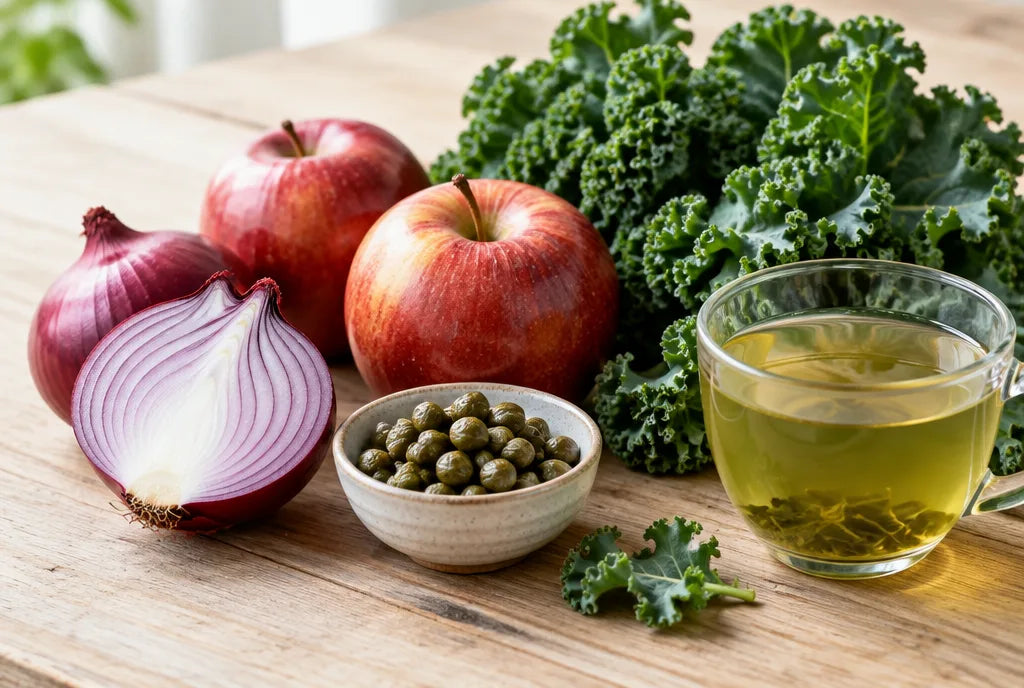 Quercetin-rich foods: red onion, apples, capers, kale and green tea