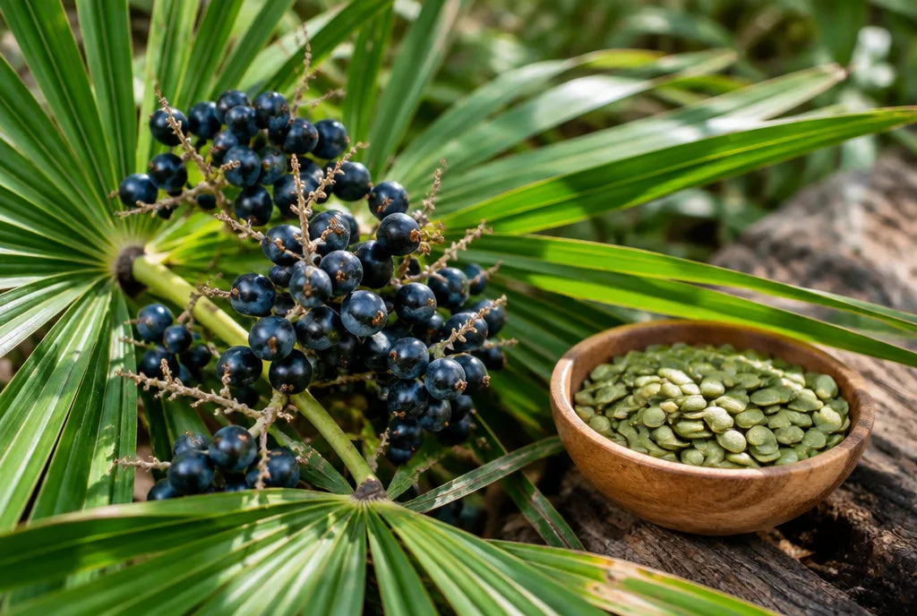 Saw palmetto palm fronds with ripe berries beside a bowl of pumpkin seeds