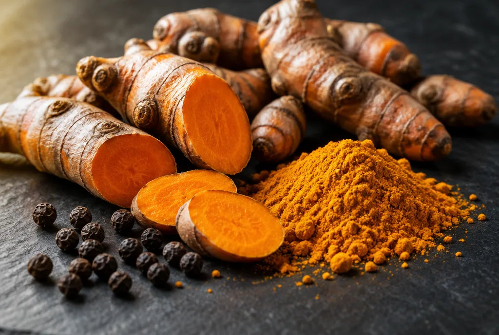 Fresh turmeric root, ground turmeric powder and black peppercorns